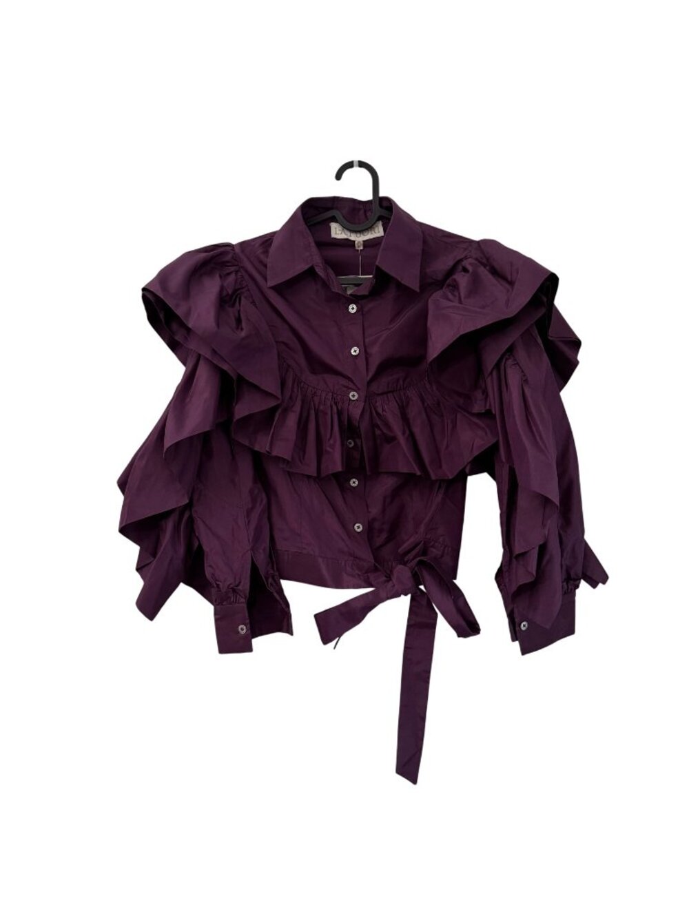 La Fuori Eggplant Silk Ruffle Puff Sleeve Waist Tie Button Blouse Small NEW
